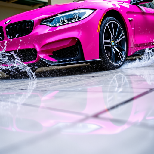High-resolution image of a vibrant pink sports car with dynamic splash effects, shot with a DSLR camera at f/2.8 aperture, ISO 100, 35mm lens, from a low angle view to emphasize the car's sleek lines and reflective surfaces, with a shallow depth of field to blur the background and enhance foreground details.