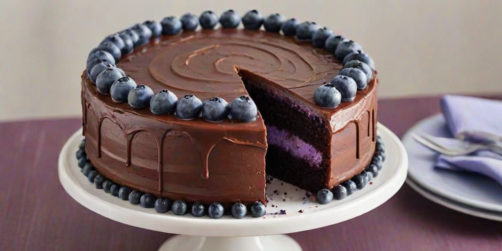 Create an image of a layered cake with a smooth purple top, decorated with fresh blueberries and lavender sprigs. The cake should be sliced to show its layers, featuring a chocolate base and a creamy filling. Place the cake on a simple white platter, with a soft, textured background and a bouquet of purple flowers nearby.