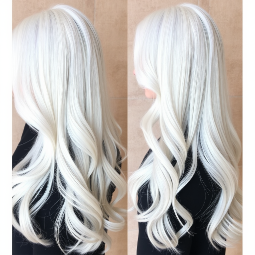 Ethereal white and silver ombré known as "Winter's Whisper" transitions seamlessly from pure white roots to icy silver tips, styled in long, flowing waves with a pearlescent sheen