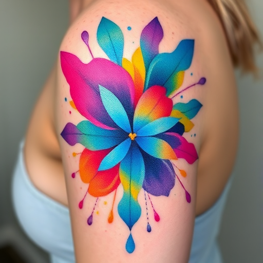 Vibrant watercolor tattoo named "Spectrum Splash" featuring a kaleidoscope of vivid hues blending seamlessly across the skin creating an abstract masterpiece with fluid brushstrokes and ethereal gradients