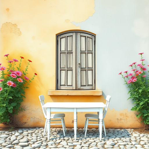 Create an amazing realistic watercolor image, The background is a crumbling wall beige and pale blue with the old wooden window. front of the wall has an old white table with two chairs. The soil is stones. Both of side of the image amazing flowers visible.