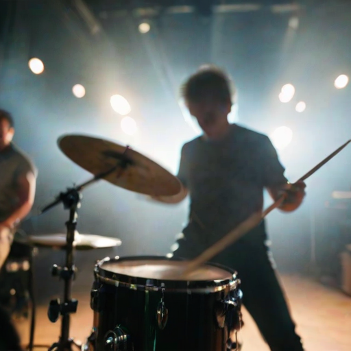 Blurry, high-energy shot of a drummer mid-performance, drumsticks caught in motion, with dramatic stage lights casting long shadows and smoke billowing from the stage in the background.