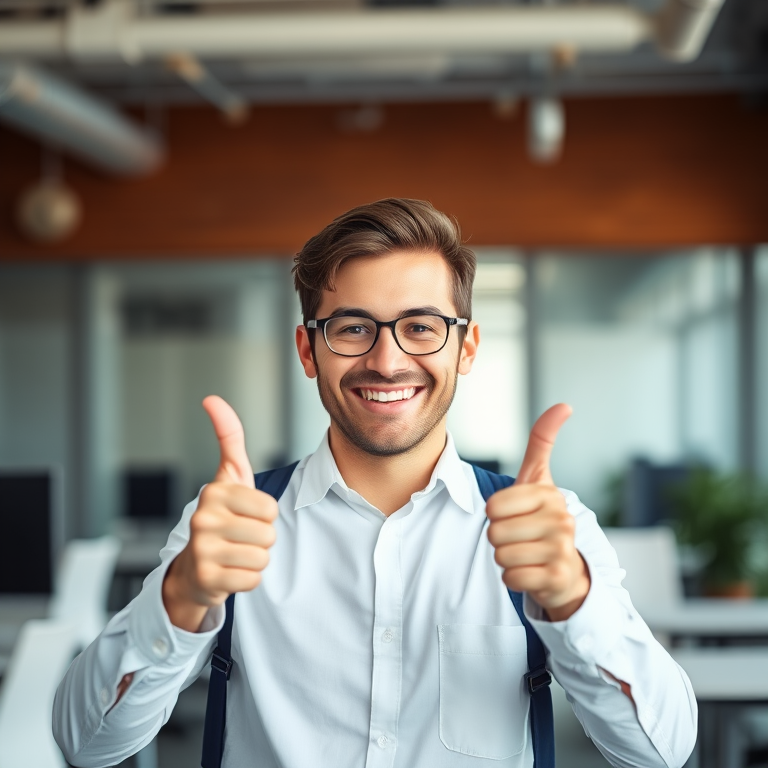 A cheerful person giving two thumbs up in a well-lit office with soft focus background, aperture f/2.8, shutter speed 1/60 sec, ISO 100, shot with a DSLR camera in portrait mode.