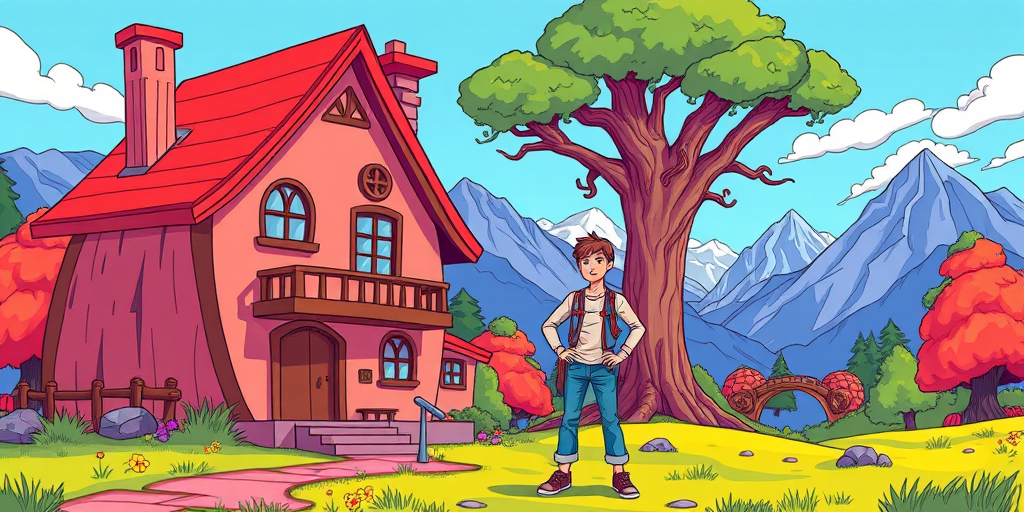 Create a vibrant illustration of a person standing confidently in front of a whimsical house and a large tree, with mountains in the background, using a digital art style, with a high-resolution setting of 300 DPI, a wide-angle view, and a focus on colorful, bold lines to enhance the overall image quality.