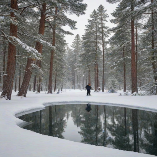 Tranquil winter landscape, with a snow-covered forest, tall pine trees blanketed in white, and a frozen pond in the foreground, with a single figure ice skating gracefully across the surface.
