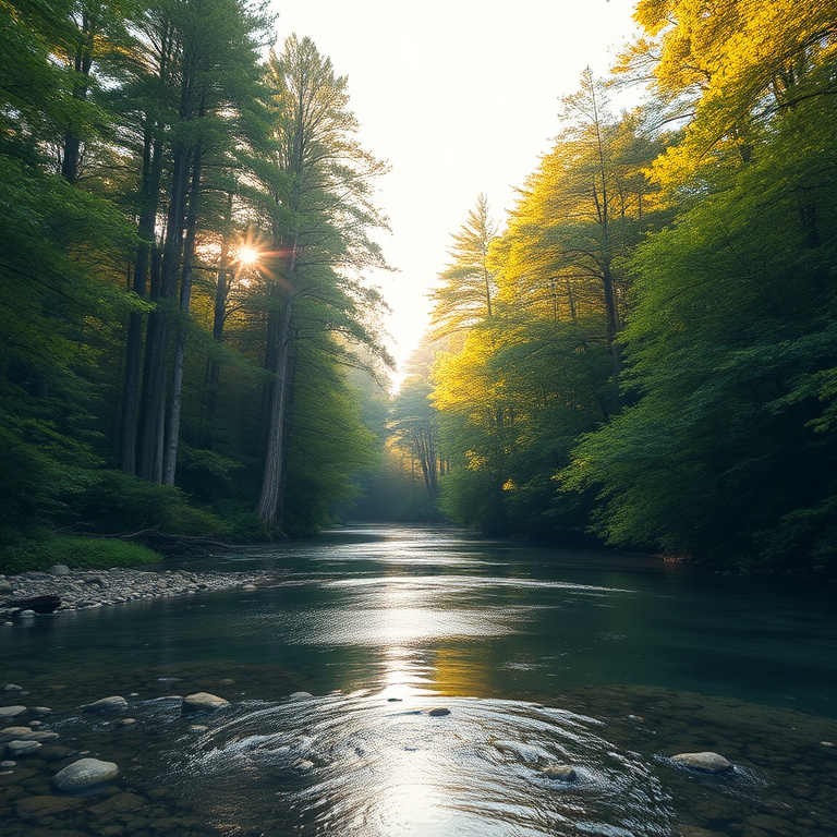 Create an image of a serene, sunlit forest scene with a clear, gently flowing river. Tall trees with lush green foliage line both sides of the river, their leaves bathed in the warm golden light of the setting or rising sun. The sunlight filters through the trees, casting soft, dappled light on the river, which flows over smooth rocks and pebbles, creating a peaceful, natural atmosphere. The sky is bright with a few scattered clouds, and the overall mood is tranquil, evoking a deep sense of connection with nature. The image captures the beauty of a calm, pristine forest landscape at either dawn or dusk.