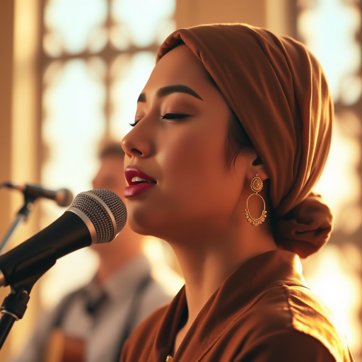 A close-up portrait of a asian woman with her eyes closed, singing into a microphone, positioned on the right side of the frame, facing the viewer. She is wearing a brown headscarf, gold earrings, and a brown blouse, and is bathed in warm, golden light emanating from the windows behind her. A blurred figure of a man singing into a microphone is visible in the background. The scene has a sense of calm and spirituality.