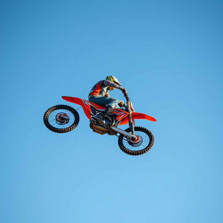 Capture a high-flying motocross biker performing a trick against a clear blue sky using a Canon EOS R5 with a 24-70mm f/2.8 lens, aperture set to f/8 for sharpness, ISO 100 for clarity, shutter speed at 1/2000s to freeze motion, aerial view, and vibrant colors for enhanced image quality.