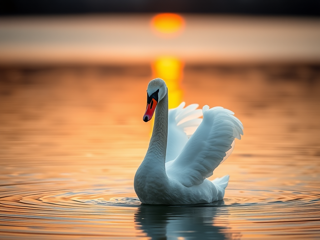 Capture a serene scene of a swan gracefully spreading its wings on calm water during sunset, with a Canon EOS 5D Mark IV, 50mm lens, aperture f/2.8, ISO 100, shutter speed 1/500s, soft focus background, natural light, portrait orientation.