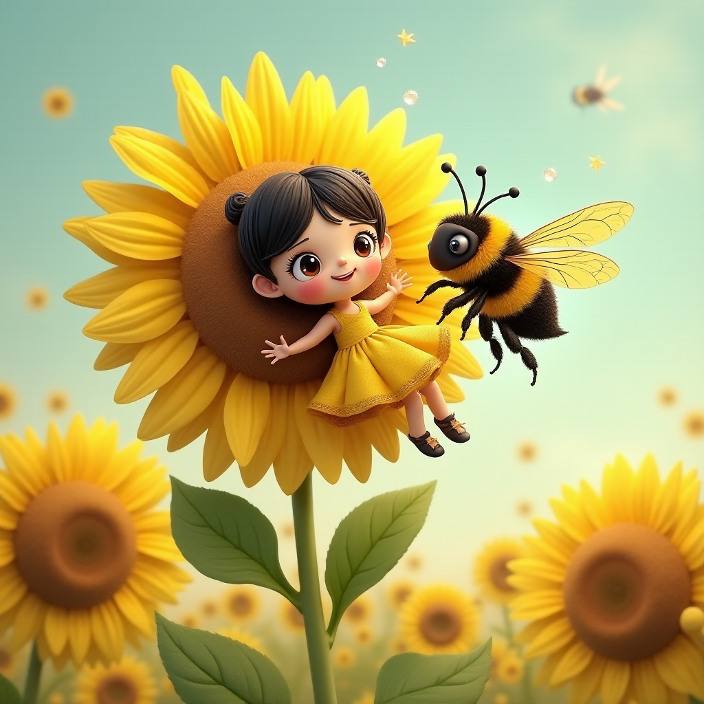 a whimsical cute girl with big eyes, big hair and flowing dress, riding astride a bumble bee, and flying across the top of the sunflower, which are just waking up, and catching dew drop of rain
