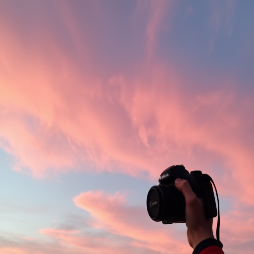 capture a serene sunset sky with soft pink and blue hues, elevated view, using a DSLR camera with a 35mm lens, aperture f/8, ISO 200, shutter speed 1/200 sec, natural light, focus on cloud textures