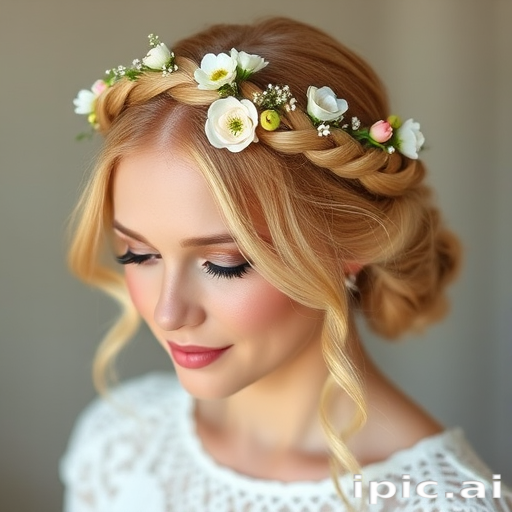 Romantic strawberry blonde halo braid crown adorned with delicate fresh flowers, styled with soft tendrils framing the face for a dreamy bohemian look