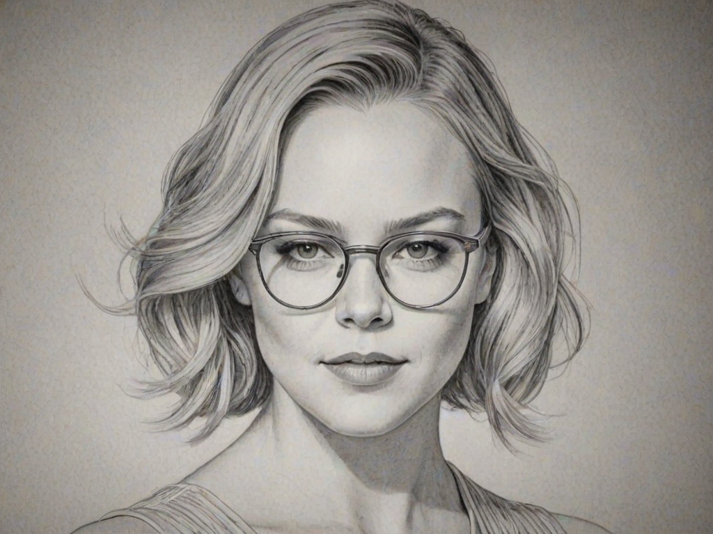 Radiant Abbie Cornish, pencil sketch, portrait of Graceful woman 1926s in glasses, hair style beatnik, outline, clear lines, fine lines, 8k