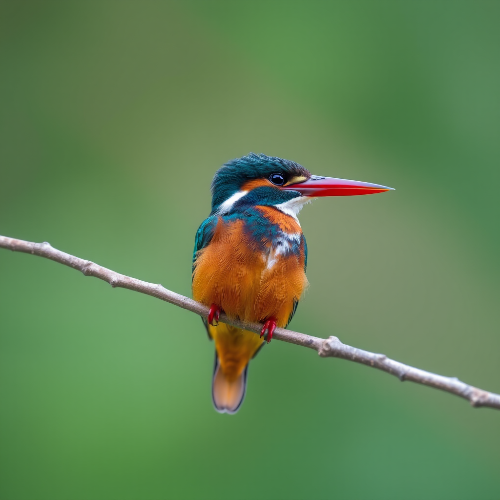 A vibrant kingfisher perched on a branch with a blurred green background, captured with a Canon EOS R5, 85mm lens, aperture f/2.8, ISO 200, shutter speed 1/250s, in soft focus style for enhanced detail and clarity.