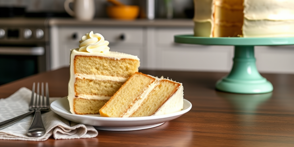 A slice of layered vanilla cake with creamy frosting on a white plate next to a fork and a patterned napkin, with a whole cake displayed on a mint green cake stand in the background, set against a modern kitchen backdrop.