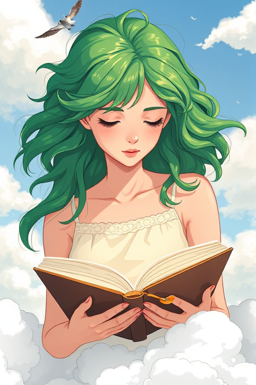 Create an illustration of a young woman with vibrant, voluminous green hair, reading a book while surrounded by fluffy clouds, captured with a Canon EOS R5, 50mm lens, f/1.8, ISO 100, in bright natural light, using a soft focus style to enhance the dreamy atmosphere.