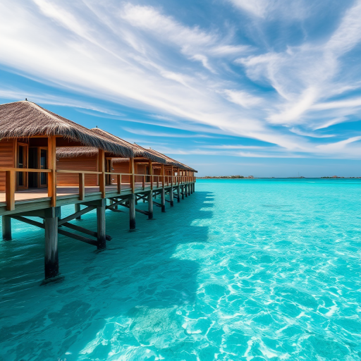 Capture a vibrant tropical ocean scene featuring wooden huts on a pier extending over clear blue waters, with a sunny sky and wispy clouds; settings: ISO 100, aperture f/8, shutter speed 1/200s; view: wide-angle shot; style: high dynamic range; type: DSLR.