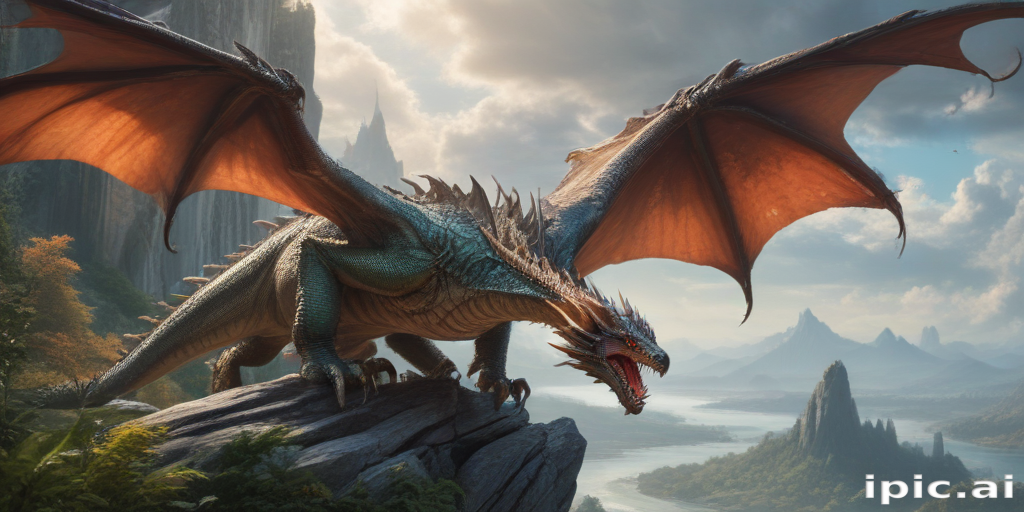 A Majestic Dragon Perched on a Rocky Cliff Overlooking a Serene Landscape.