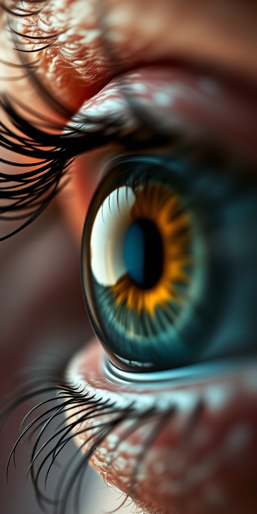 Create a high-resolution abstract image focusing on a detailed eye with intricate textures, using a DSLR camera with a 50mm lens, f/1.8 aperture, ISO 100, and a shallow depth of field, shot from a close-up perspective with a dramatic lighting style to enhance contrast and vivid colors.