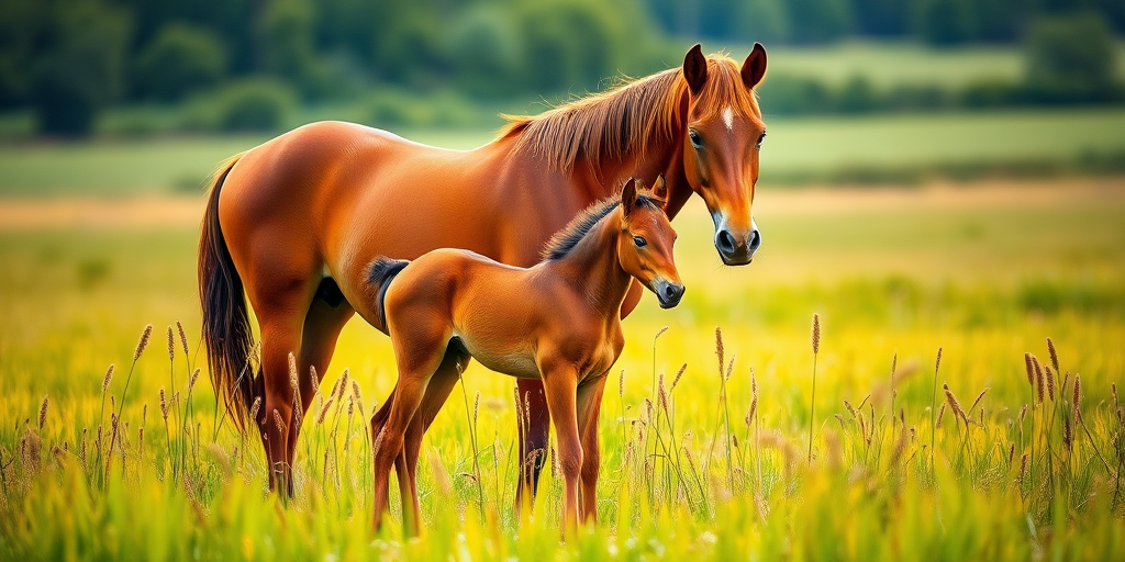 Create a high-resolution digital illustration of a brown horse with a foal standing in vibrant green grass, using a 50mm lens, f/4 aperture, 1/200 shutter speed, with a soft focus background to enhance depth, captured from a low angle for a perspective that emphasizes the subjects.
