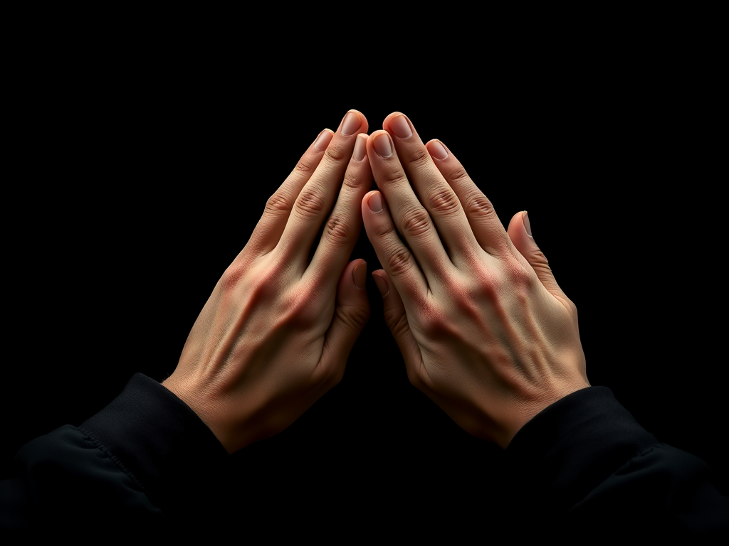 Create an image of two hands in a prayer position, detailed and realistic, with a black background, captured in high resolution using a DSLR camera, 50mm lens, f/1.8 aperture, ISO 100, and soft studio lighting to enhance texture and depth.