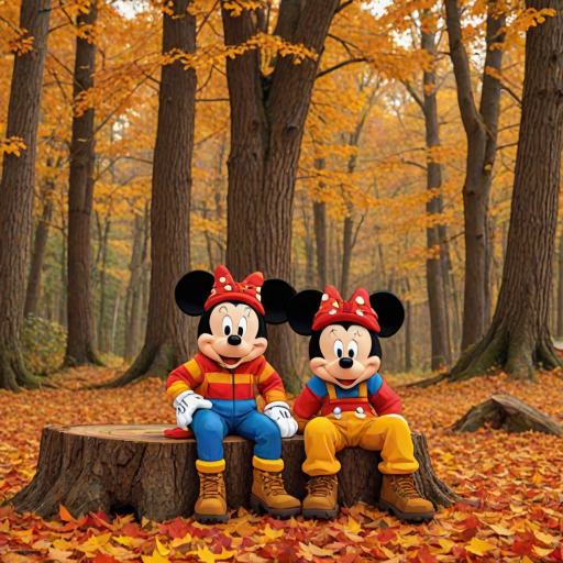 create a cartoon style of Mickey and Minnie wear Fall theme colored sweat suits with timberland boots and Bernie hats sitting together on a big tree stump surrounded by large color pile of raked leaves