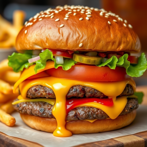 High-resolution, close-up image of a gourmet double cheeseburger. The burger features a glossy, sesame-seed-topped brioche bun. Inside, there are two thick, juicy beef patties, each topped with melted cheddar cheese. The burger is garnished with fresh lettuce, tomato slices, diced onions, and pickles. A generous amount of ketchup and a creamy, orange-colored sauce is dripping down the sides, adding to the mouth-watering appeal. In the background, there are blurred elements including a side of golden French fries and a hint of a beverage, enhancing the overall presentation of a delicious meal.