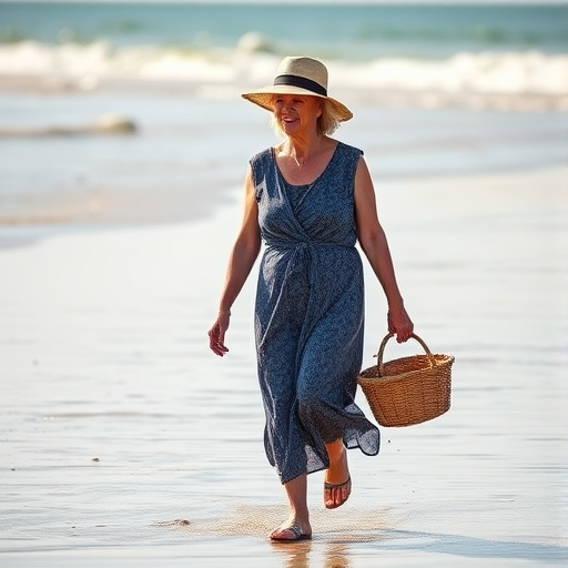 a senior woman walking along the beach during low tide, wearing a hat and holding a basket, soft sunlight, shallow depth of field, camera settings: f/4.0, ISO 100, shutter speed 1/200s, camera view: landscape, camera style: natural, camera type: DSLR