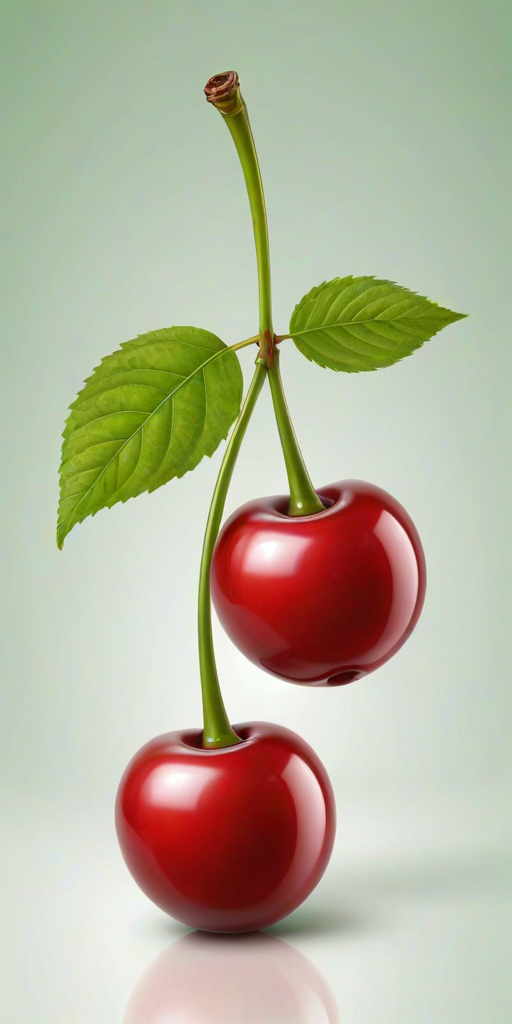 create an illustration of two glossy red cherries on a green stem with a white background