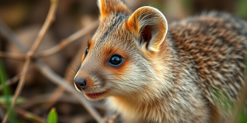 Close-up shot of a quokka in natural habitat, shallow depth of field, 50mm lens, aperture f/2.8, ISO 200, soft natural lighting, DSLR camera.
