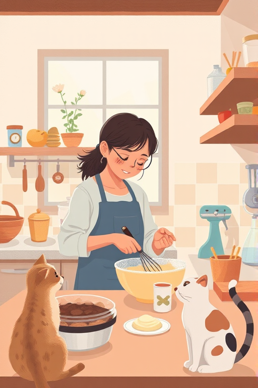 Create an illustration of a person baking in a cozy kitchen, mixing batter with a whisk while a cat watches nearby, use a soft color palette, camera settings: f/2.8 aperture, ISO 200, shutter speed 1/60s, camera view: eye level, camera style: digital illustration, camera type: digital mirrorless.