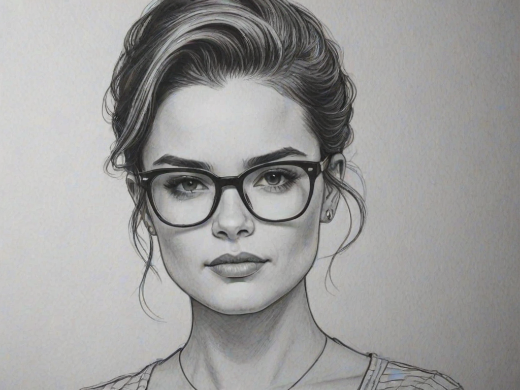 Resplendent Brianna Hildebrand, pencil sketch, portrait of Attractive woman 1967s in glasses, hair style beatnik, outline, clear lines, fine lines, 8k