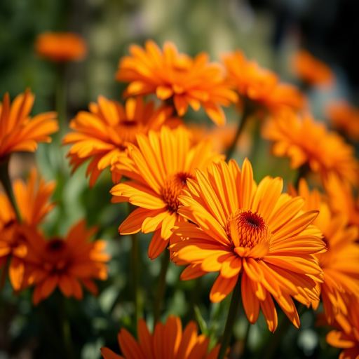 Close-up shot of vibrant orange chrysanthemums with a blurred background, f/2.8 aperture, 100mm macro lens, ISO 200, natural sunlight, shallow depth of field, DSLR camera.
