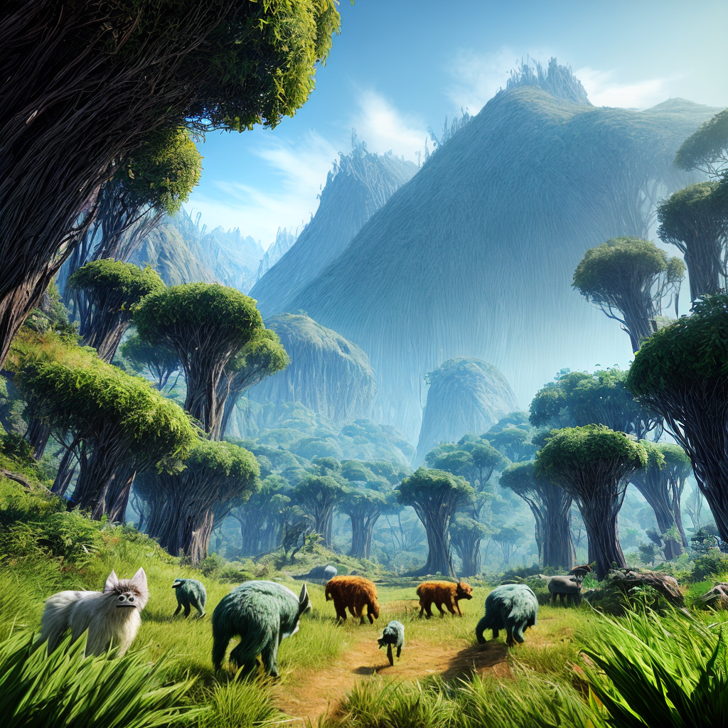 diferent alien animals on a lush planet
