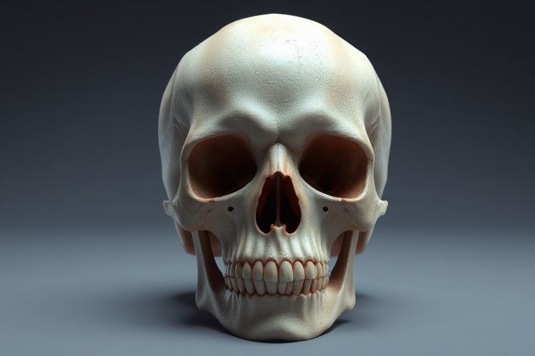 Create a high-resolution digital illustration of a realistic human skull, 50mm lens, f/5.6 aperture, ISO 100, front view, soft lighting, in a 3D render style.