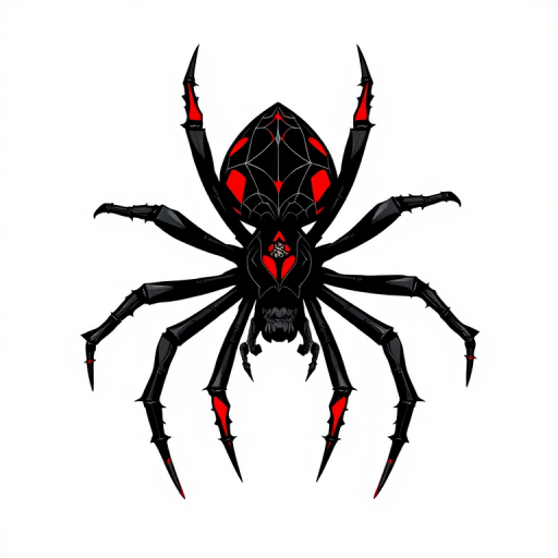 Create a highly detailed digital illustration of a stylized spider with intricate black lines and vibrant red accents, using a Canon EOS R5 camera, 50mm f/1.2 lens, ISO 100, shutter speed 1/200s, ensuring a sharp focus and depth of field to emphasize the spider's features against a clean background.
