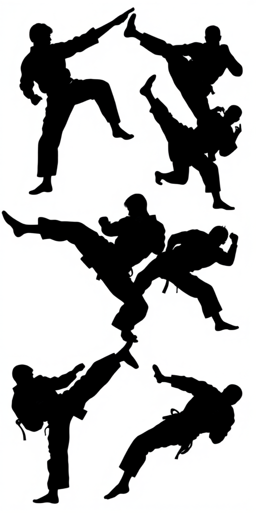 Create an action-packed silhouette illustration of six martial artists performing various kicks and throws in dynamic poses, shot with a Canon EOS R5, 50mm lens, f/1.8 aperture, 1/500s shutter speed, against a white background for high clarity and contrast.