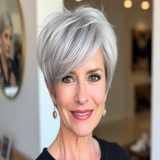 Elegant mature woman with a chic silver pixie cut, styled with textured layers and subtle lavender highlights for a youthful touch
