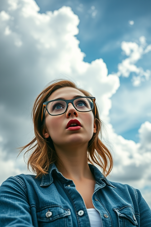 Create an image of a surprised young woman with bold makeup and retro glasses against a dramatic cloud-filled sky using a DSLR camera with a 50mm lens, aperture set at f/1.8, ISO 200, in vibrant color style.