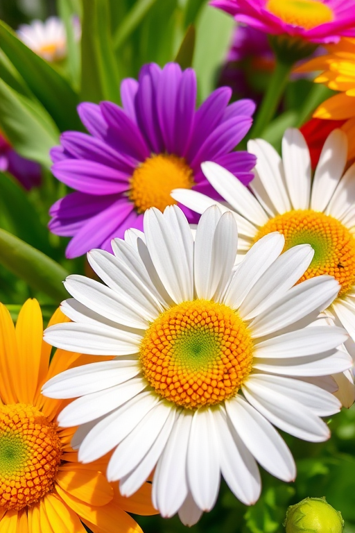 Close-up shot of vibrant flowers including a white and yellow daisy, a purple flower, and green leaves, natural sunlight, 50mm lens, f/2.8 aperture, ISO 100, shallow depth of field, DSLR camera, macro photography style.