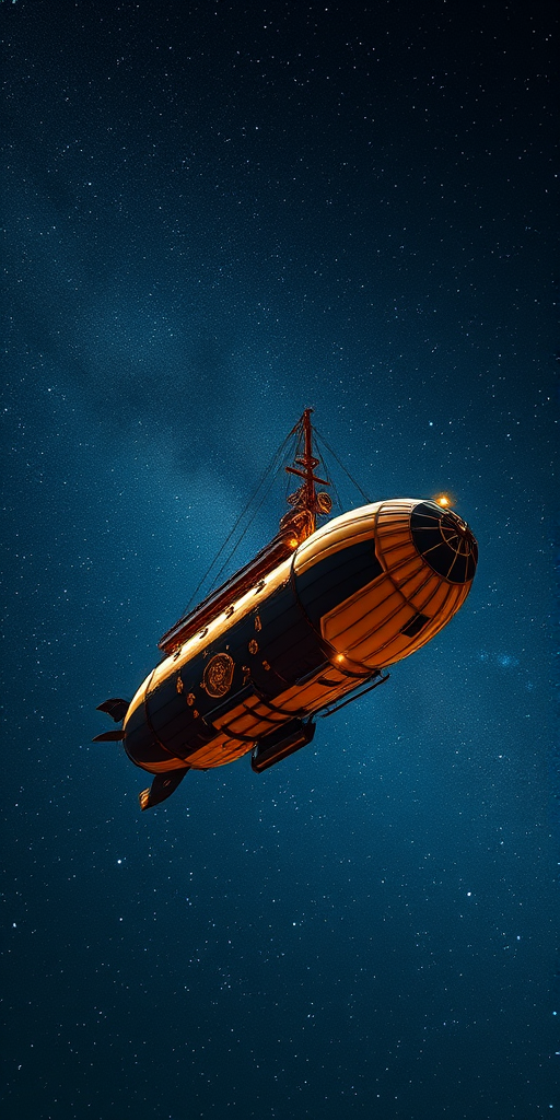 Create an image of a steampunk airship floating in a starry night sky, with intricate details on the airship's structure, using a Canon EOS R5 with a 50mm f/1.2 lens, aperture set to f/2.8, ISO 100, and a wide-angle view to capture the vastness of the cosmos, maintaining high image resolution and clarity.