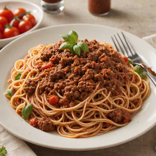 Create an image of a delicious plate of spaghetti topped with a rich meat sauce, including ground meat, tomatoes, and fresh vegetables. A fork should be twirling some pasta on the plate, which should be a simple white design. The background should be lightly blurred to focus on the dish, highlighting its appetizing colors and textures.