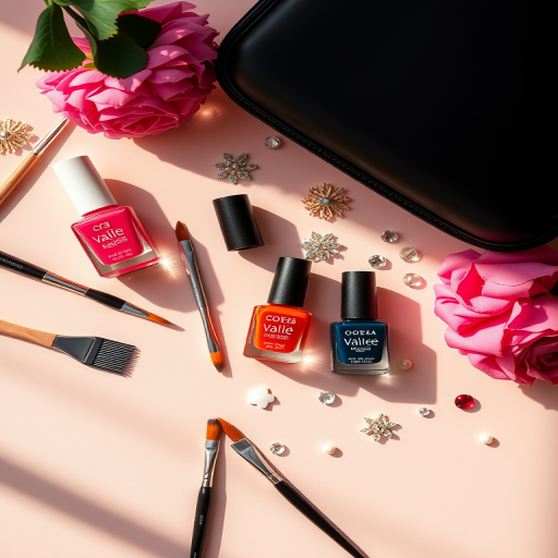 Create an overhead flat lay image of nail care tools including nail polish bottles, brushes, and embellishments, using a Canon EOS R5 with a 50mm f/1.2 lens, ISO 100, aperture f/2.8, and natural light for soft shadows and vibrant colors.