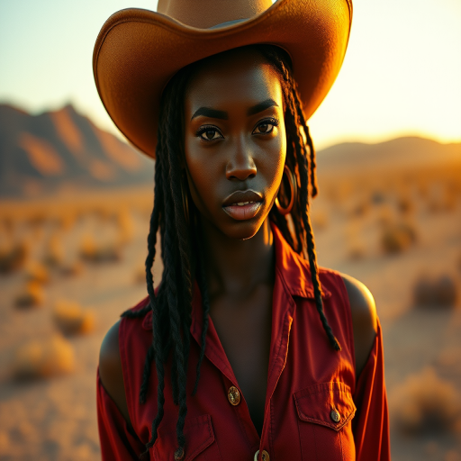Dramatic photo of a beautiful Afro-Caribbean woman, classic cowboy attire, confident and free spirit expression, half-length portrait, centered, golden hour desert landscape, warm, diffused light, low angle, medium format film camera, in style of Annie Leibovitz.
