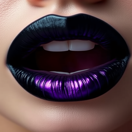 Dramatic black ombre lips fading into deep purple, metallic finish adding dimension and intrigue, unconventional yet mesmerizing in their artistic appeal