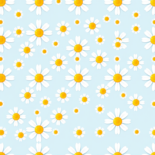 Create a seamless pattern featuring a light blue background filled with white daisies. Each daisy should have a bright yellow center and a simple, clean design. The flowers should be evenly spaced, creating a harmonious and cheerful floral pattern.