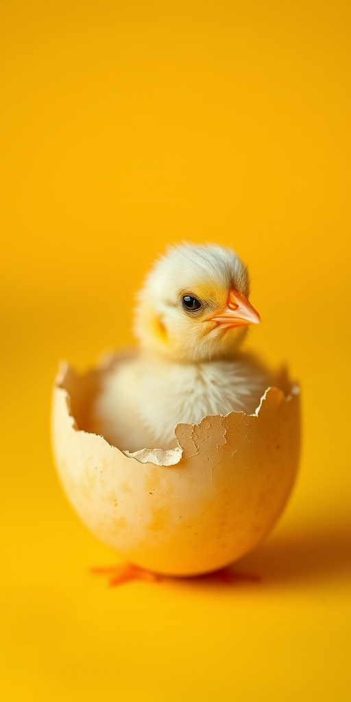 Baby chick emerging from a cracked yellow eggshell on a bright yellow background, soft focus with a shallow depth of field, ISO 200, f/1.8, 50mm lens, natural light, DSLR camera.