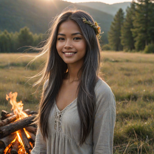 ultrarealistic, beautiful filipino woman, Indian pirouette on her head, gray hair, long straight hair, the sun gently illuminates her hair. Ultrarealistic skin, stands in the meadow, 1 girl, age - about 25 years old, swarthy complexion, ultrarealistic skin, smiles gently, stands near the campfire. She looks sexy
