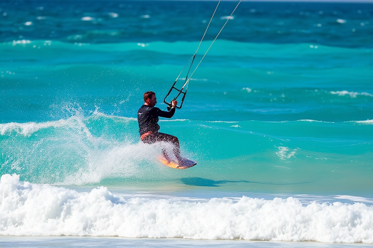Capture a kitesurfer launching from the beach into vibrant turquoise waves, using a DSLR camera with a 50mm lens, aperture set to f/2.8, ISO 200, shutter speed 1/1000s, shot from a low angle to emphasize the action and spray of water.