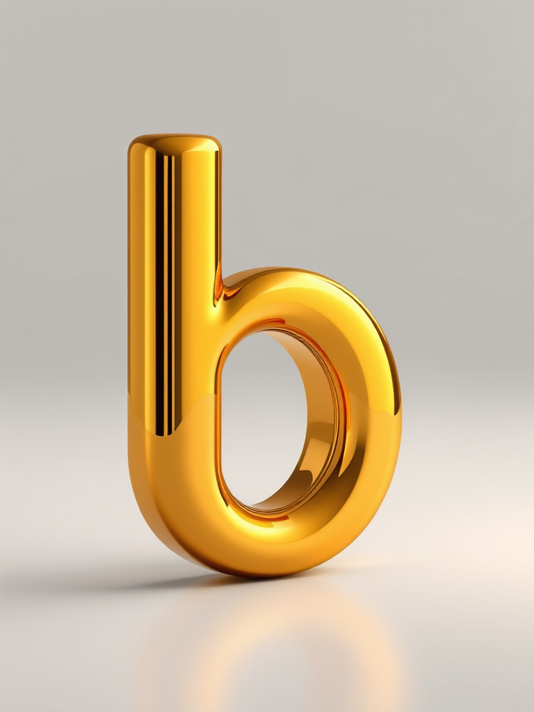 Create a high-resolution 3D rendering of a glossy gold letter "b" with soft lighting, capturing reflections and highlights, using a Canon EOS 5D Mark IV, 50mm f/1.8 lens, aperture f/8, ISO 100, shot from a slightly elevated angle to enhance depth and detail.